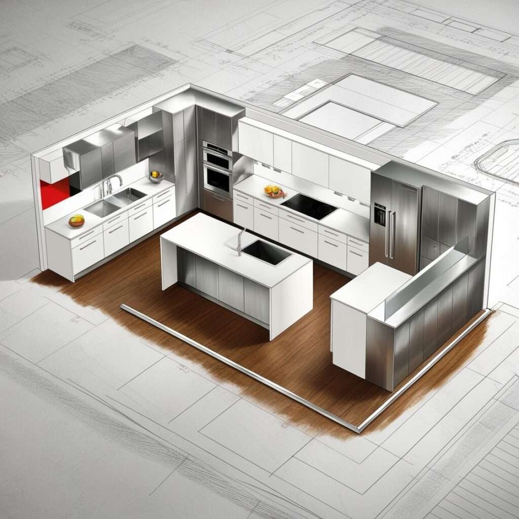 Default Generate a 2dimensional kitchen layout plan reminiscen 3