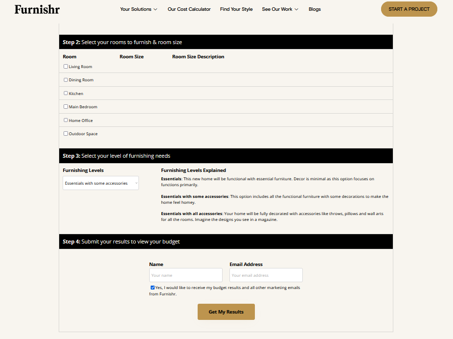 Furnishr Furnishing Cost Calculator